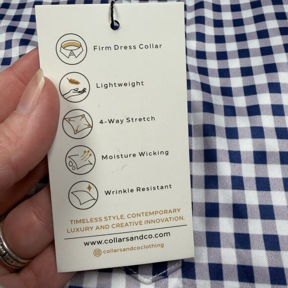 Collars and Co Polo Shirt Mens Large Relaxed Navy Gingham Plaid Short Sleeve NWT - Picture 2 of 5